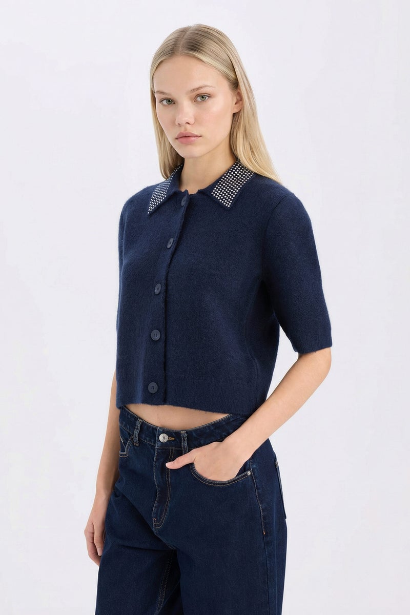 DeFacto Blue Woman Regular Fit Polo Neck Basic Buttoned Knitted Cardigan Casual - Image 4